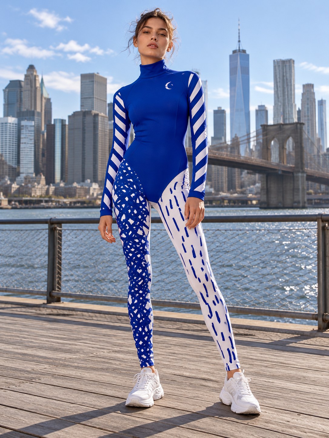 Adult model wearing Electric Blue, Brooklyn / Skyline stories